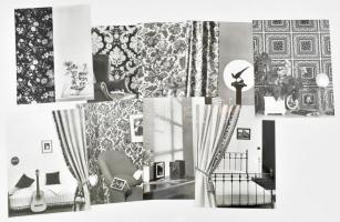cca 1970-1990 Lakásbelsők, belsőépítészet, design; 9 db fekete-fehér fotónyomat, a hátoldalon francia nyelven feliratozva, az egyiken törésnyommal, 23x18 cm