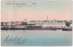 1908 Turnu Severin, Szörényvár; Portul / port, steamships (EK)