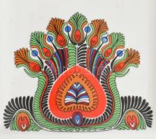 Hollóházi népi mintás süteményes készlet. Hat személyes. Matricás, jelzett, hibátlan tálca 38 cm, tá...