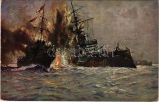 1915 Vernichtung des engl. Linienschiffes Triumph / WWI German Navy (Kaiserliche Marine) art postcard, destroyed British battleship s: Prof. Hans Bohrdt (EK)