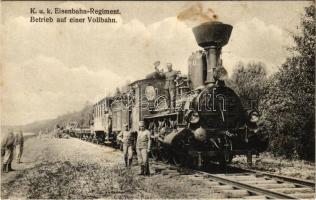 Cs. és kir. vasúti és távirati ezred gőzmozdonya katonákkal / K.u.K. Eisenbahn- und Telegraphen Regiment, Betrieb auf einer Vollbahn / Austro-Hungarian Railway and Telegraphy Regiment, locomotive with soldiers (fl)