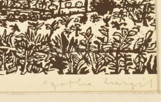 Ágotha Margit (1938-2015): Táj- és városkép. Linómetszet, papír. Jelzett. Paszpartuban. 33x49,5 cm