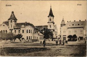 1916 Siófok, Fő tér, Balatonvidéki Takarékpénztár, templom, Szmatona üzlete. Balatoni Áruház kiadása