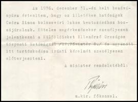 1937 Külügyminisztérium beutazási engedélye kolozsvári lakos részére, Pőzel Tibor főkonzul aláírásáv...