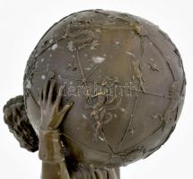 Ismeretlen szobrász: Égboltot tartó Atlasz, patinázott öntött bronz szobor, talapzaton, enyhe patiná...