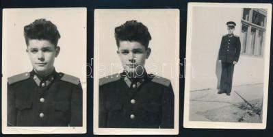 cca 1957 Rákóczista fiú (a II. Rákóczi Ferenc Katonai Középiskola növendéke), 3 db fotó, 9x6 cm