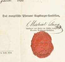 1856 Pest evangelikus anyakönyvi kivonat aláírással, viaszpecséttel
