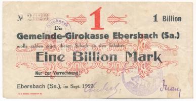 Németország / Weimari Köztársaság / Ebersbachi Közösségi Fiók 1923. 1.000.000.000M számla bélyegzésekkel T:F Germany / Weimar Republic / Ebersbach Municipal Girokasse 1917. 1.000.000.000 Mark billing with overprints C:F