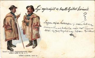 1900 Göre Gábor bíró úr. Göre levelezőlapok és Göre könyvek kiadója Singer és Wolfner / Hungarian humorous folklore greeting card (vágott / cut)