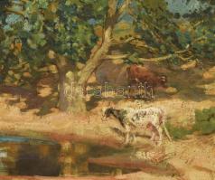 George Pirie jelzéssel: Tehenek a vízparton. Olaj, vászon. Áttört, reprezentatív fakeretben. 45x60 c...