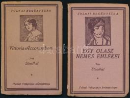 Stendhal (Marie-Henri Beyle) 2 műve: Vittoria Accoramboni; Egy olasz nemes emlékei. Tolnai Regénytára. Bp., é.n., Tolnai. Kiadói papírkötés, minimálisan sérült borítókkal.