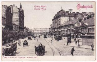 Budapest V. Károlyi körút, Mellinger és Strausz Salamon üzlete, villamosok, lovaskocsik. Erdélyi cs. és kir. udv. fényképész felvételei után, litho (ragasztónyom / gluemark)