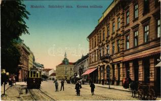 1914 Miskolc, Széchenyi utca, Korona szálloda, villamos. Grünwald I. kiadása (EK)