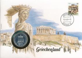 Görögország 1982. 20D Cu-Ni felbélyegzett borítékban, bélyegzéssel, német nyelvű leírással T:UNC  Greece 1982. 20 Drachmai Cu-Ni in envelope with stamp, cancellation and a prospectus in german C:UNC