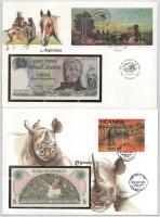 Vegyes 7db-os bankjegyes boríték tétel, mind különféle, közte: Bhután, Ghána, Zambia, Vietnam, Argen...