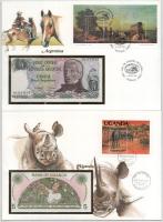 Vegyes 7db-os bankjegyes boríték tétel, mind különféle, közte: Kuba, Vietnam, Argentína, Uganda, Ecu...