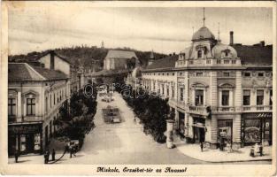 1937 Miskolc, Erzsébet tér az Avassal, üzletek (EK)