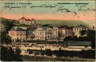 1910 Pozsony, Pressburg, Bratislava; Főpályaudvar, vasútállomás, vonat, gőzmozdony / Staatsbahnhof / railway station, locomotive, train (fa)