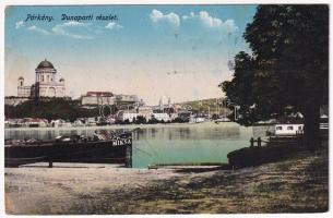 1915 Párkány, Parkan, Stúrovo; Dunaparti részlet, esztergomi Bazilika, MIKSA uszály. Gonda Vilmos kiadása / Danube riverside, church, barge (EK) + "A hadrakelt seregtől"