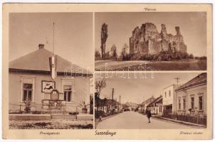 Szerednye, Seredne, Serednie; Országzászló és trianoni térkép, várrom, Fő utca / Hungarian flag, irredenta map, castle ruins, main street (fl)