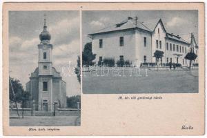 Zselíz, Zeliezovce; Római katolikus templom, M. kir. téli gazdasági iskola. Laufer Ernő kiadása / church, economic school