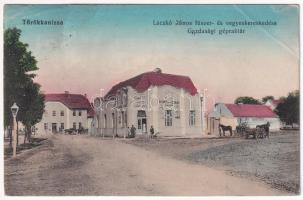 1914 Törökkanizsa, Nova Kanjiza, Novi Knezevac; Laczkó János fűszer- és vegyeskereskedése, gazdasági gépraktár, fűszer és vegyeskereskedés, dohány és szivar áruda, Szered és Zentai, Bruckner Testvérek üzlete / shops (EB) + "KARLOVA-SZEGED 254." vasúti mozgóposta