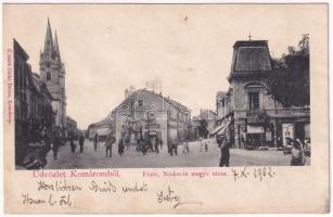 1902 Komárom, Komárnó; Fő tér, Nádor és Megye utca, Stettler és Mészáros András üzlete, piac. Czike Dénes kiadása / main square, streets, shops, market (r)