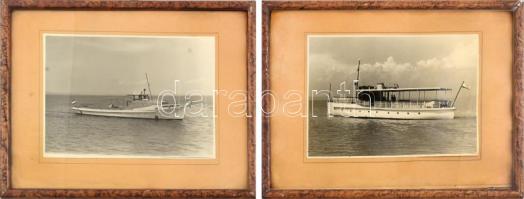 cca 1960 Balatoni hajókat ábrázoló, nagyméretű fotók, 2 db (Badacsony motoros hajó + sétahajó). Lapra kasírozva, üvegezett fakeretben (az egyik keret sérült), 17x23 cm (keret: 28x34,5 cm)
