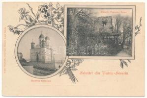 Turnu Severin, Szörényvár; Biserica Grecescu, Ruinele Turnului Sever / church, castle ruins. Josef Frisch Art Nouveau, floral