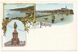 Piran, Pirano; Bagni Porto Rose, Panorama generale, Monumento a Giuseppe Tartini. L. Novak / Portoroz beach, statue. Art Nouveau, floral, litho (EB)