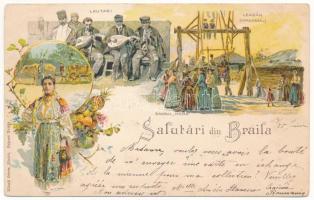1899 (Vorläufer) Braila, Lautari, Leagan (Caroussel), Dansul Hora. Künzli Nr. 998. / Romanian folklore, folk dance and music. Art Nouveau, floral, litho (EK)