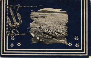 1911 K.u.k. Kriegsmarine Rudermanöver / Osztrák-magyar haditengerészet, evezős gyakorlat matrózokkal / Austro-HUngarian Navy, rowing exercise. G. Fano, Pola, 1907-08. Art Nouveau montage (fa)