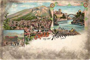 Mostar, Römerbrücke, Hotel Narenta. Gruss aus der Hercegovina. Art Nouveau, floral, litho (non PC) (EB)