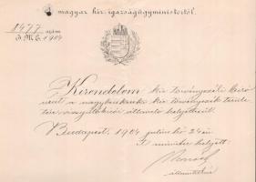 1904 Bp., M. Kir. Igazságügyminiszter által kiállított kirendelő okirat törvényszéki bíró részére, á...