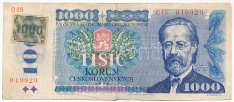 Csehország 1993. 1000K felülbélyegzett Csehszlovákia 1985. 1000K bankjegyen T:F  Czech Republic 1993. 1000 Korun overstamped banknote on Czechoslovakia 1985. 1000 Korun C:F