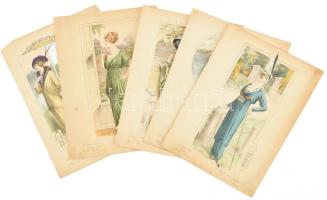 cca 1910-15 össz. 5 db késő art nouveau női divat, La femme chic melléklete, színes litográfia, papír, lapszéli apró szakadásokkal, helyenként kissé foltos. 34x27 és 40x29 cm közötti méretekben.