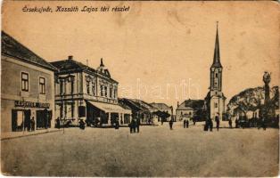 Érsekújvár, Nové Zámky; Kossuth Lajos tér, templom, Leuchter Izidor üzlete. Vasúti levelezőlapárusítás 28. sz. 1918. / square, shops, church (EK)