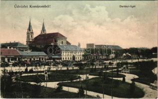 1908 Komárom, Komárno; Darányi liget, templom, üzletek, piac. Freisinger Mór kiadása / park, church, shops (EK)