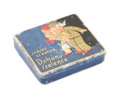 cca 1925 Janina-Senator Dohányszelence (Janina és Senator cigaretta-sorsjáték nyerteseinek adott ajándék), fémdoboz art deco illusztrációval, kopott, 9x8x2 cm