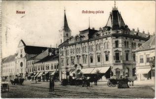 1911 Kassa, Kosice; Andrássy palota és kávéház, drogéria, Gilányi, Varga Bertalan üzlete és saját kiadása / palace and café, drugstore, shops (fl)