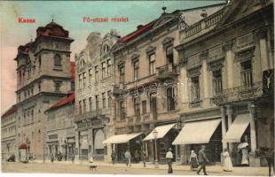 Kassa, Kosice; Fő utca, takarékpénztár, Eschwig és Hajts üzlete. Radó Béláné kiadása / main street, savings bank, shops (EK)