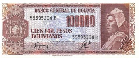 Bolívia 1981-84. 500PB, 1000PB (2x), 5000PB (2x) klf aláírások, 10.000PB, 50.000PB, 100.000PB komple...