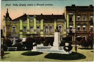 Arad, Csiky Gergely szobra a Kossuth parkban, Urbán Endre üzlete. Mandl J. kiadása / statue, park, shops (vágott / cut)