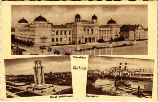 1942 Mohács, Városháza, Hősök emlékműve, Duna-part, gőzhajó (EK)