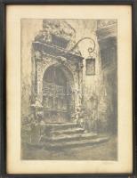 Paul Geissler (1881-1965): Öreg kapu egy német városban (Eingang der alten...). Rézkarc, papír, jelzett, számozott (43/50), üvegezett fakeretben. 23,5x14 cm