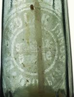 Szedlák János szikvízüzeme Budakalász feliratú régi szódásüveg, kopott, részben rozsdás fém fejjel, m: 30,5 cm