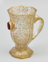 Aranyozott pohár, féldrágakő díszítéssel. Festett, sérült. 12 cm