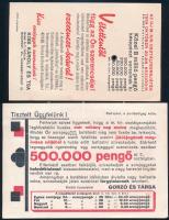 1934 2 db sorsjáték reklámlap: Kiss Károly és Tsa Bank Rt. (forgatható koronggal) + Gorzó és Társa b...