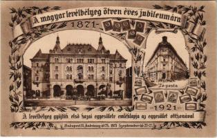 Budapest VI. Andrássy út 25. A magyar levélbélyeg 50 éves jubileumára kiadott emléklap, Levélbélyeggyűjtők Egyesületének Otthona, Fő posta. 1155. számú lap (összesen 3000 darab készült) / The 50th anniversary of the Hungarian postage stamp, Stamp Collectors Association's home, main post office + "Magyar Postabélyeg Emlékkiállítás 1871-1921 Budapest" So. Stpl.