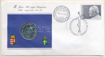 Magyarország 1991. 100Ft Cu-Ni II. János Pál pápa látogatása Magyarországon érmés borítékban, első napi bélyegzéssel, műbőr dísztokban T:UNC boríték sarkai hajlottak
